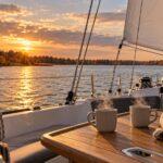Zwei dampfende Becher und eine Decke im Cockpit einer Segelyacht im herbstlichen Abendlicht.