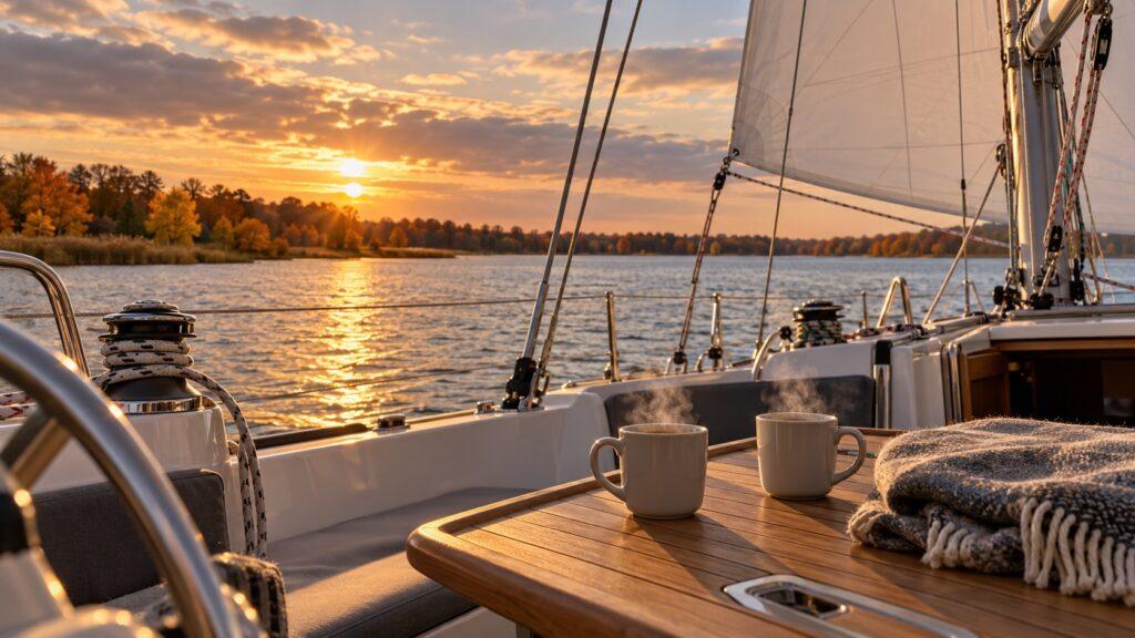 Two steaming mugs and a blanket in a sailing yacht cockpit at sunset on an autumn lake.
