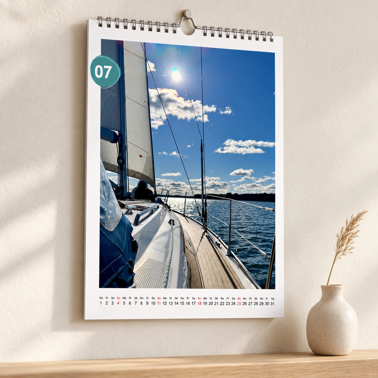 A4-Segelkalender 2027 mit Julimotiv an einer hellen Wand